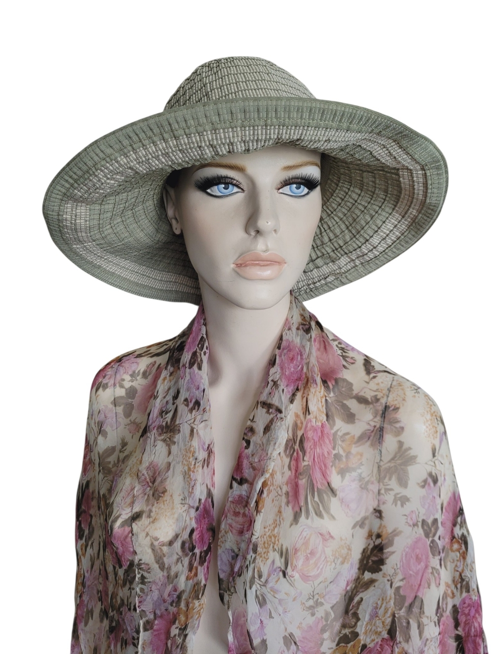 Vintage Scala Wide Brim Sun Hat in Light Green And Beige
